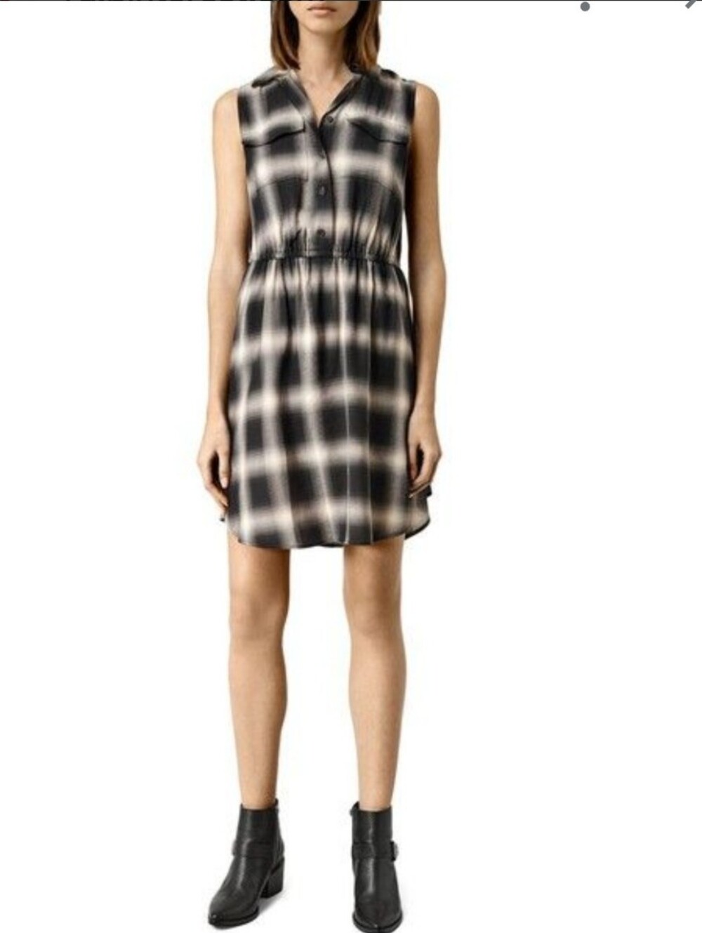 AllSaints-"Itaca" Sleeveless Check Plaid Shirt Dress-Size US 4